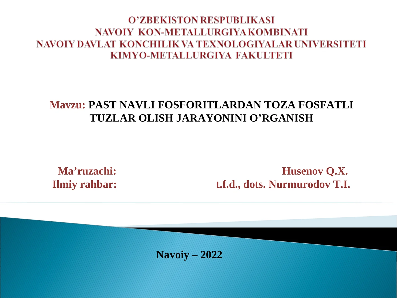 PAST NAVLI FOSFORITLARDAN TOZA FOSFATLI TUZLAR OLISH JARAYONINI O’RGANISH