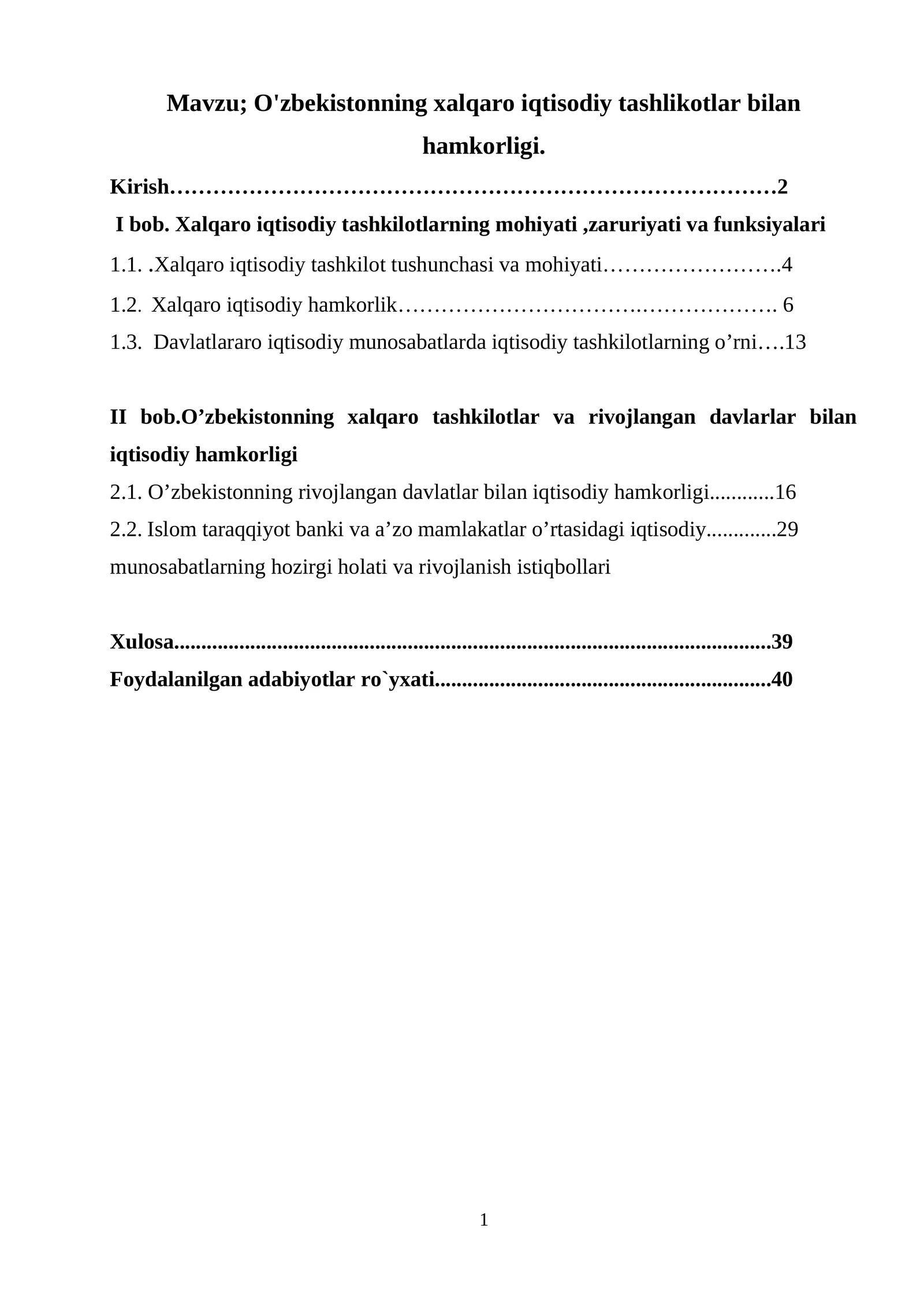 O'zbekistonning xalqaro iqtisodiy tashlikotlar bilan hamkorligi