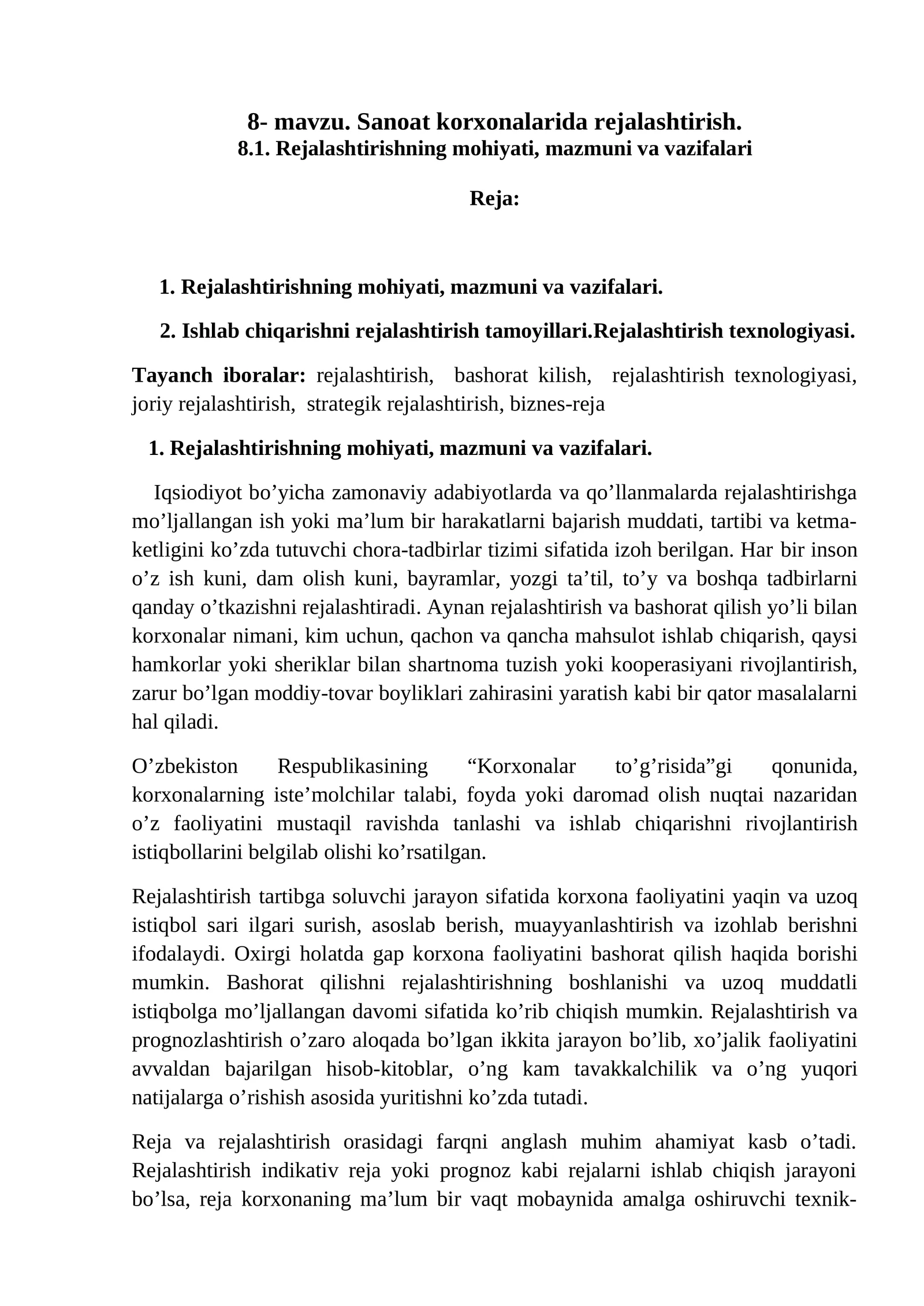 8-mavzu. Sanoat korxonalarida rejalashtirish