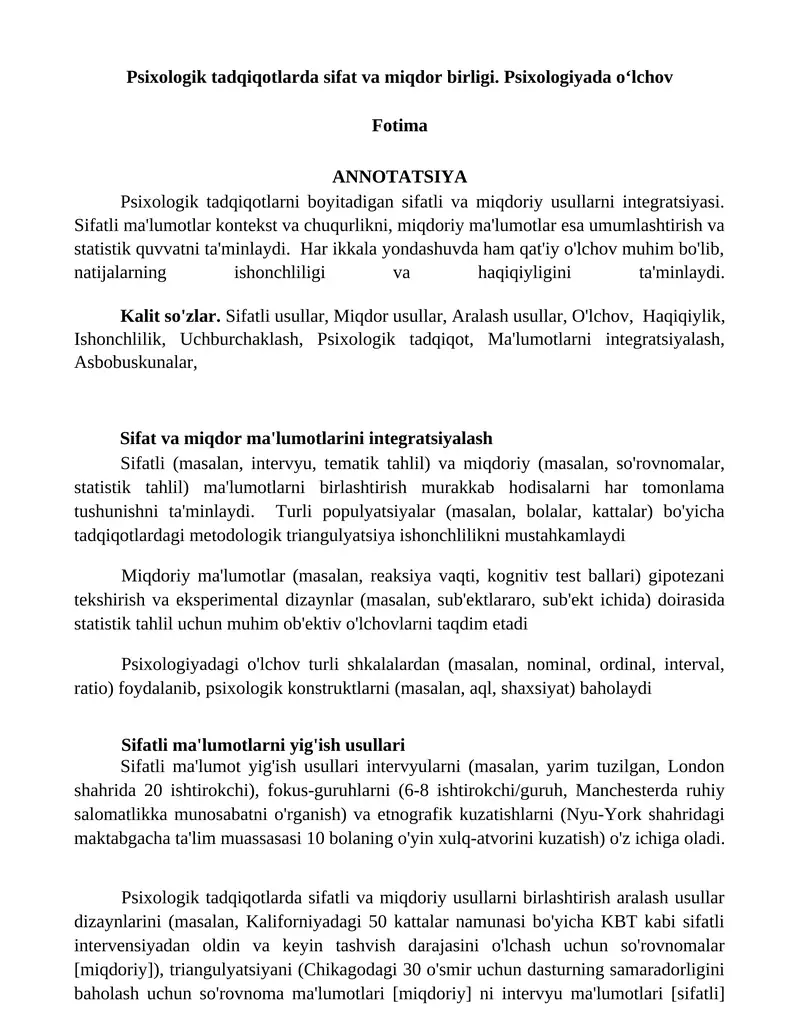 Psixologik tadqiqotlarda sifat va miqdor birligi