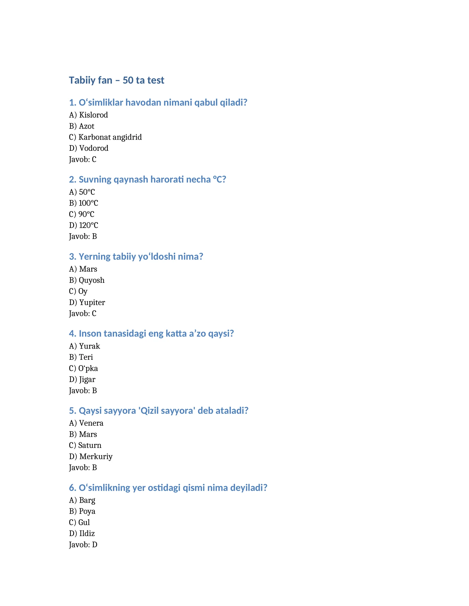 Tabiiy fan – 50 ta test