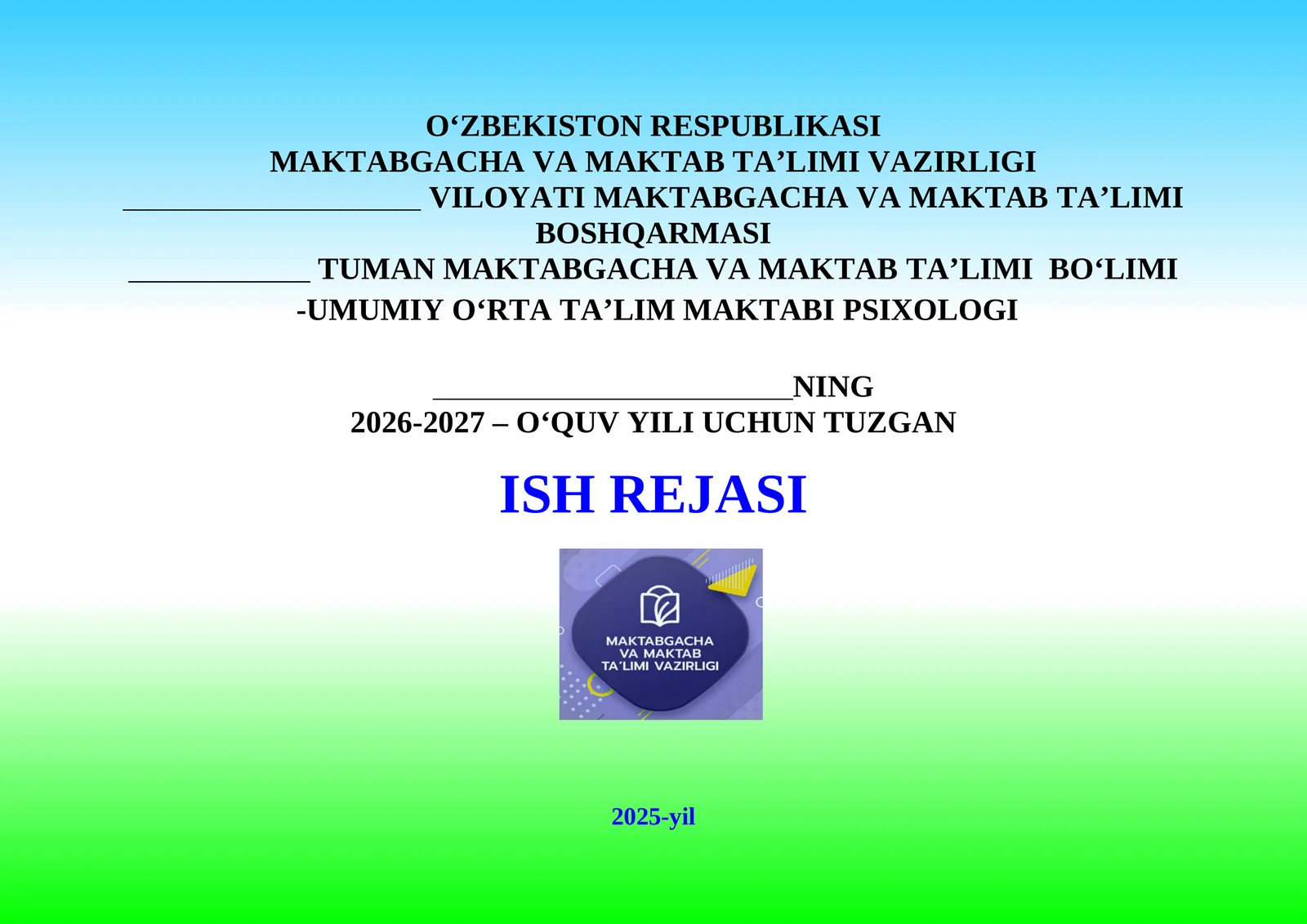 2026-2027 O‘quv Yili Uchun Psixolog ish rejasi
