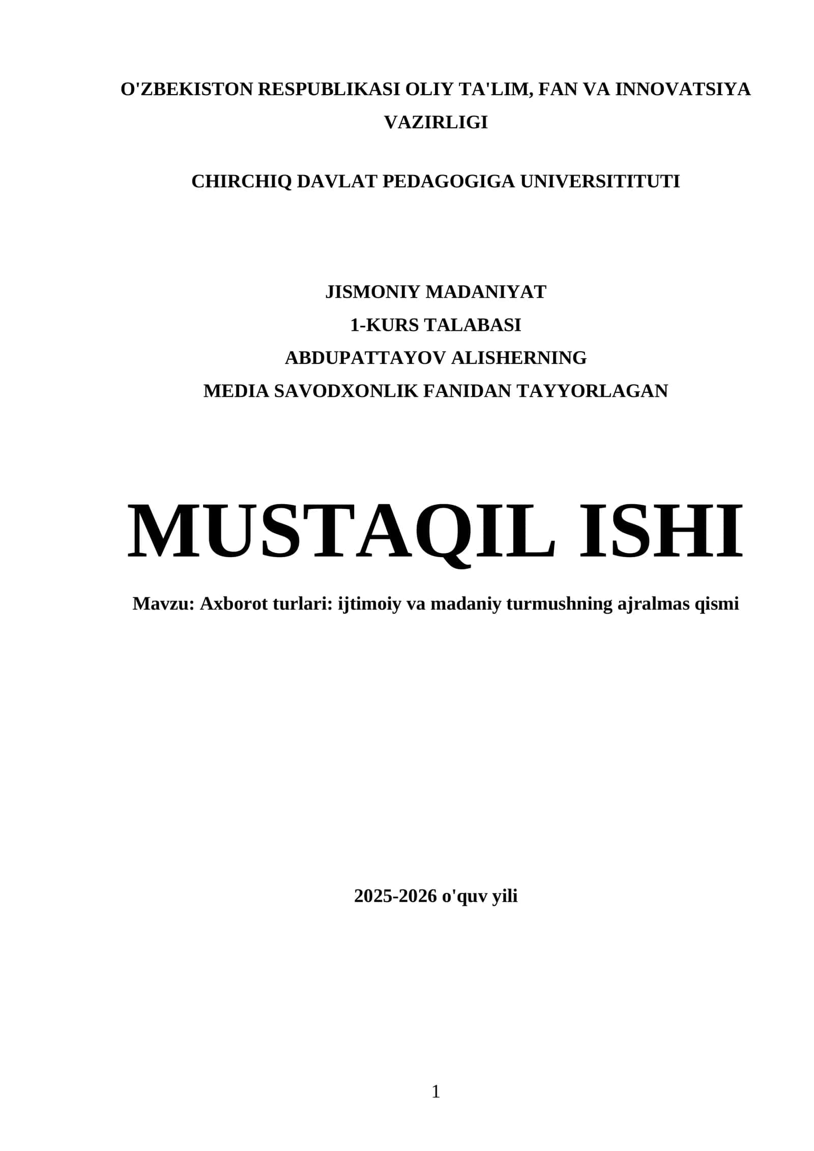 Media Savodxonlik fanidan tayyorlagan mustaqil ishi