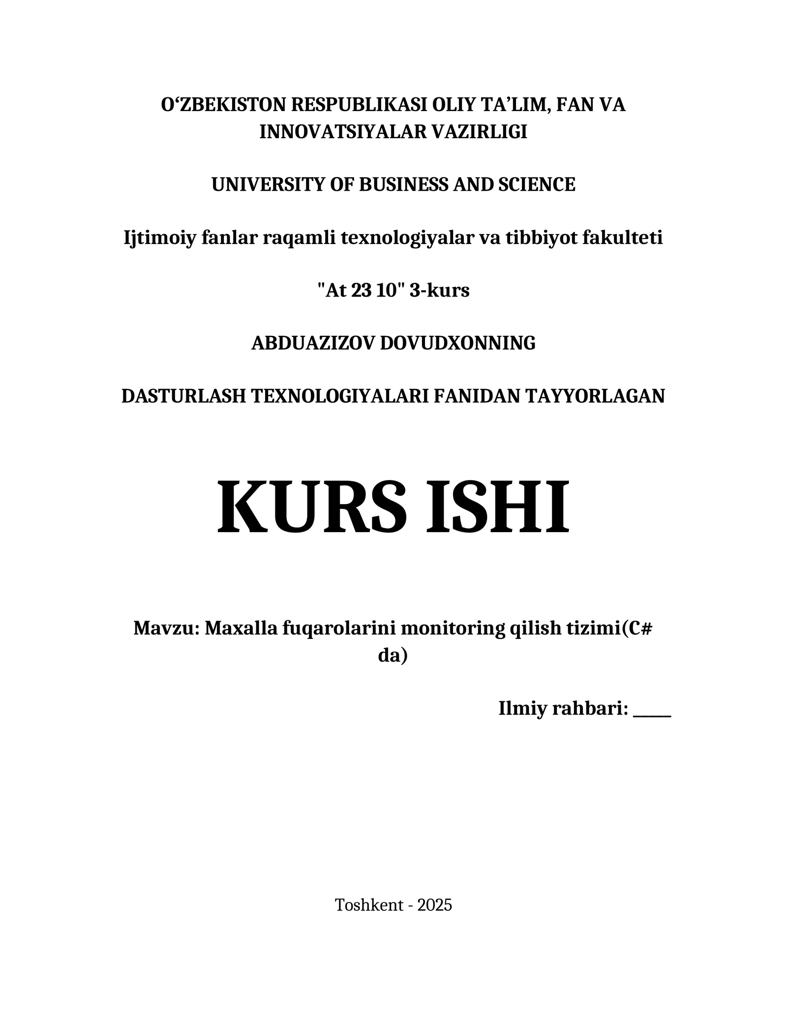 MAXALLA FUQAROLARINI MONITORING QILISH TIZIMI(C# DA)
