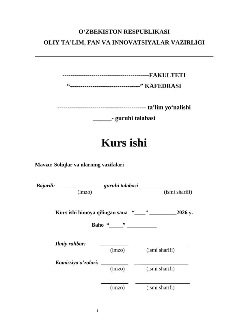 Soliqlar va ularning vazifalari kurs ishi