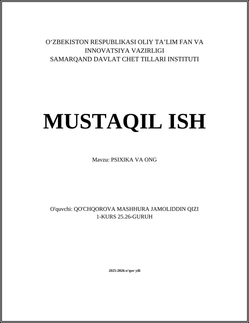 MUSTAQIL ISH: PSIXIKA VA ONG