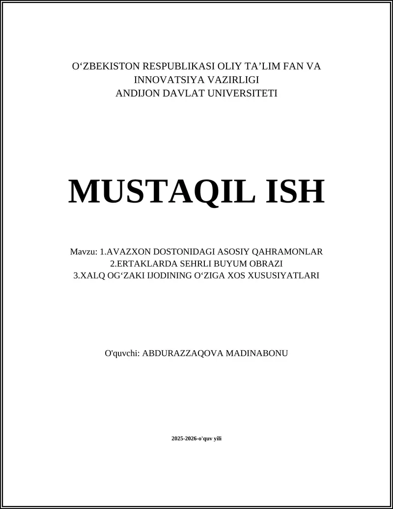 AVAZXON DOSTONIDAGI ASOSIY QAHRAMONLAR