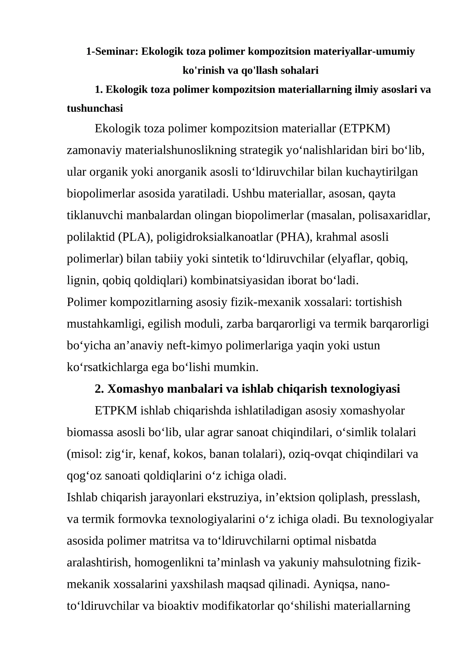 Ekologik toza polimer kompozitsion materiyallar