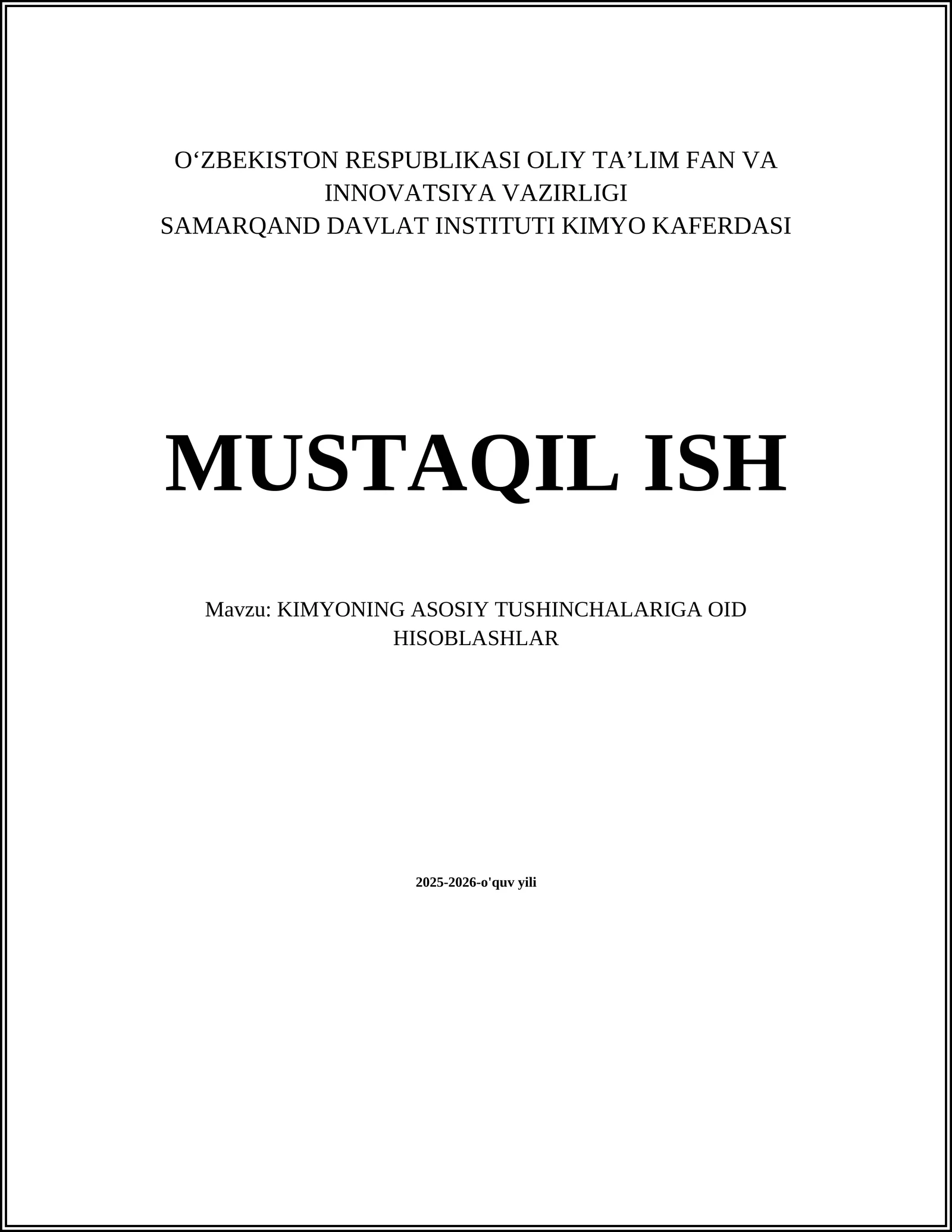 KIMYONING ASOSIY TUSHINCHALARIGA OID HISOBLASHLAR
