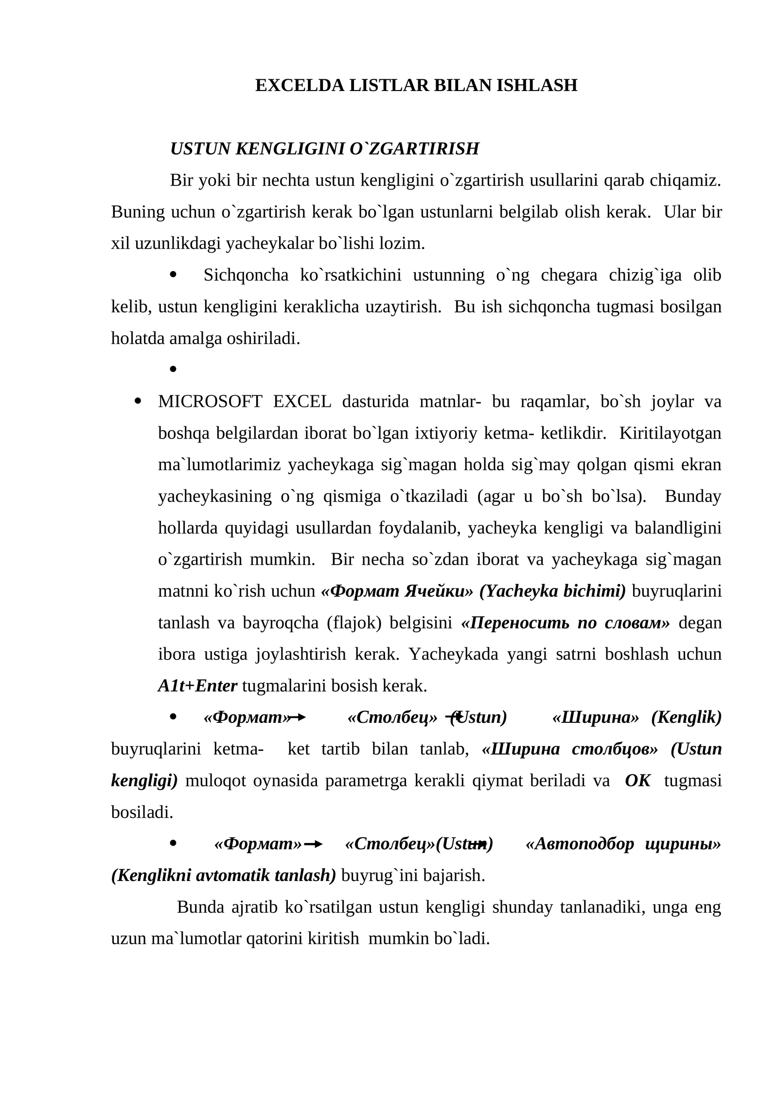 EXCELDA LISTLAR BILAN ISHLASH