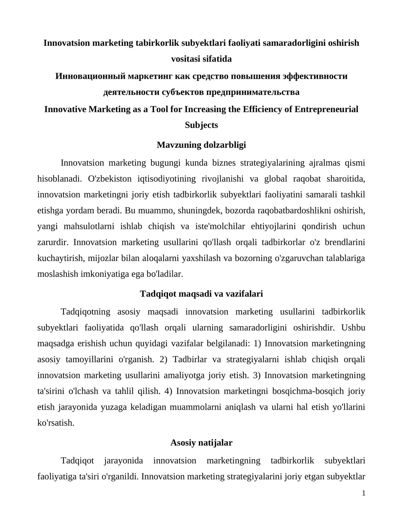 Innovatsion marketing tabirkorlik subyektlari faoliyati samaradorligini oshirish vositasi sifatida