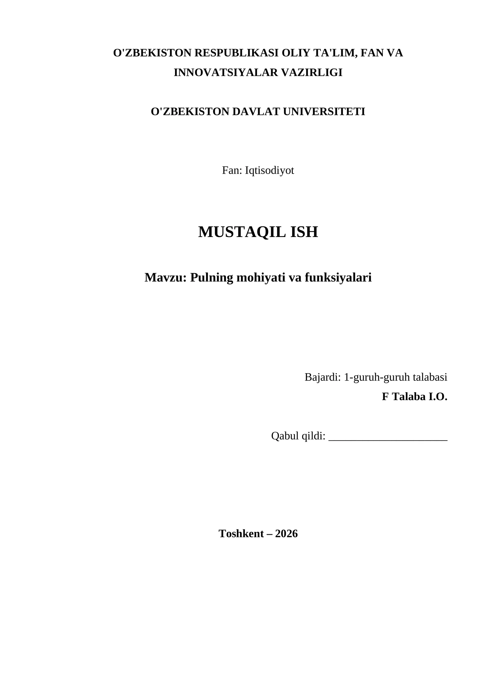 Pulning mohiyati va funksiyalari