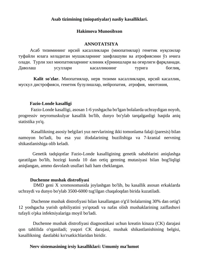 Asab tizimining (miopatiyalar) nasliy kasalliklari