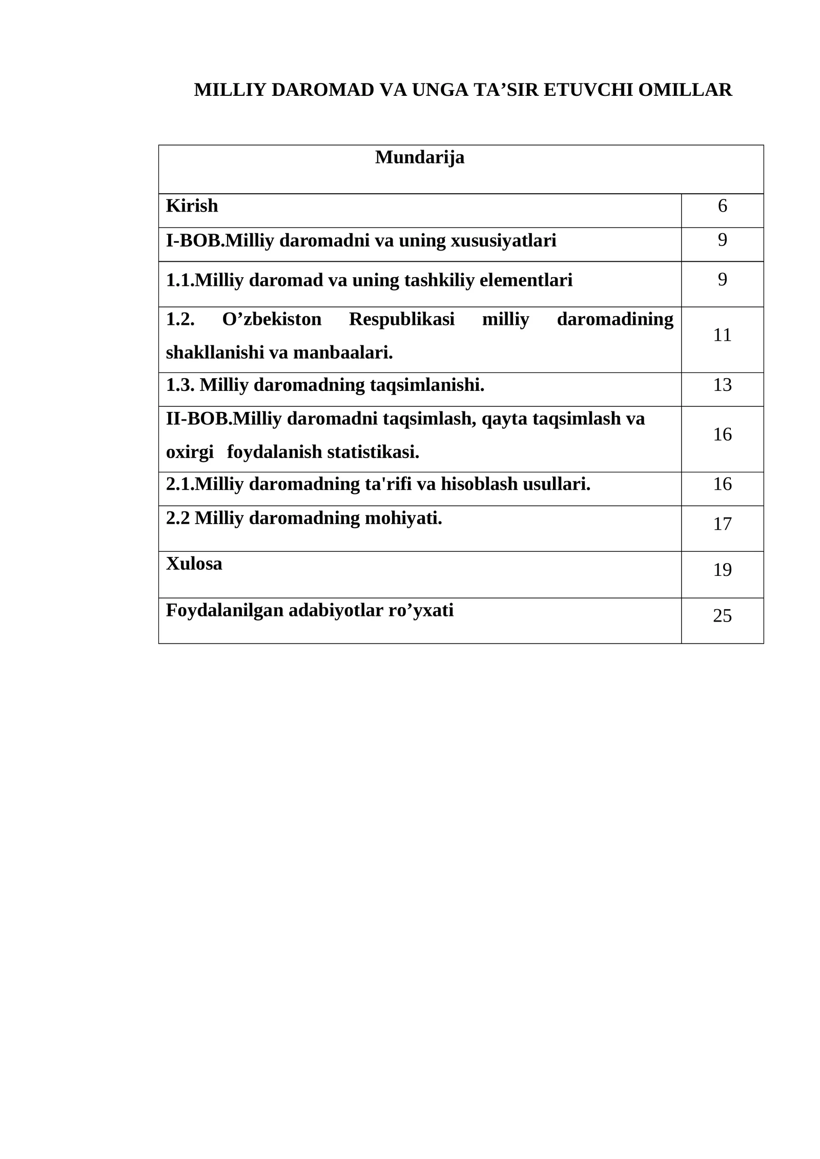 Milliy daromad va unga ta’sir etuvchi omillar