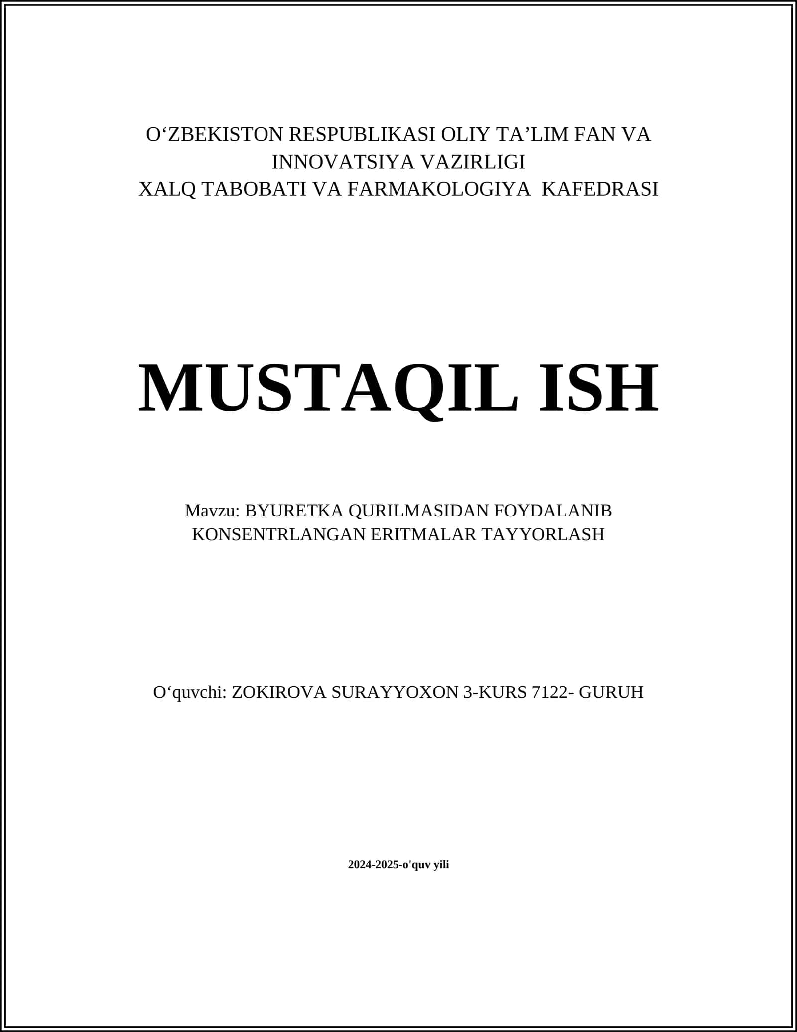BYURETKA QURILMASIDAN FOYDALANIB KONSENTRLANGAN ERITMALAR TAYYORLASH