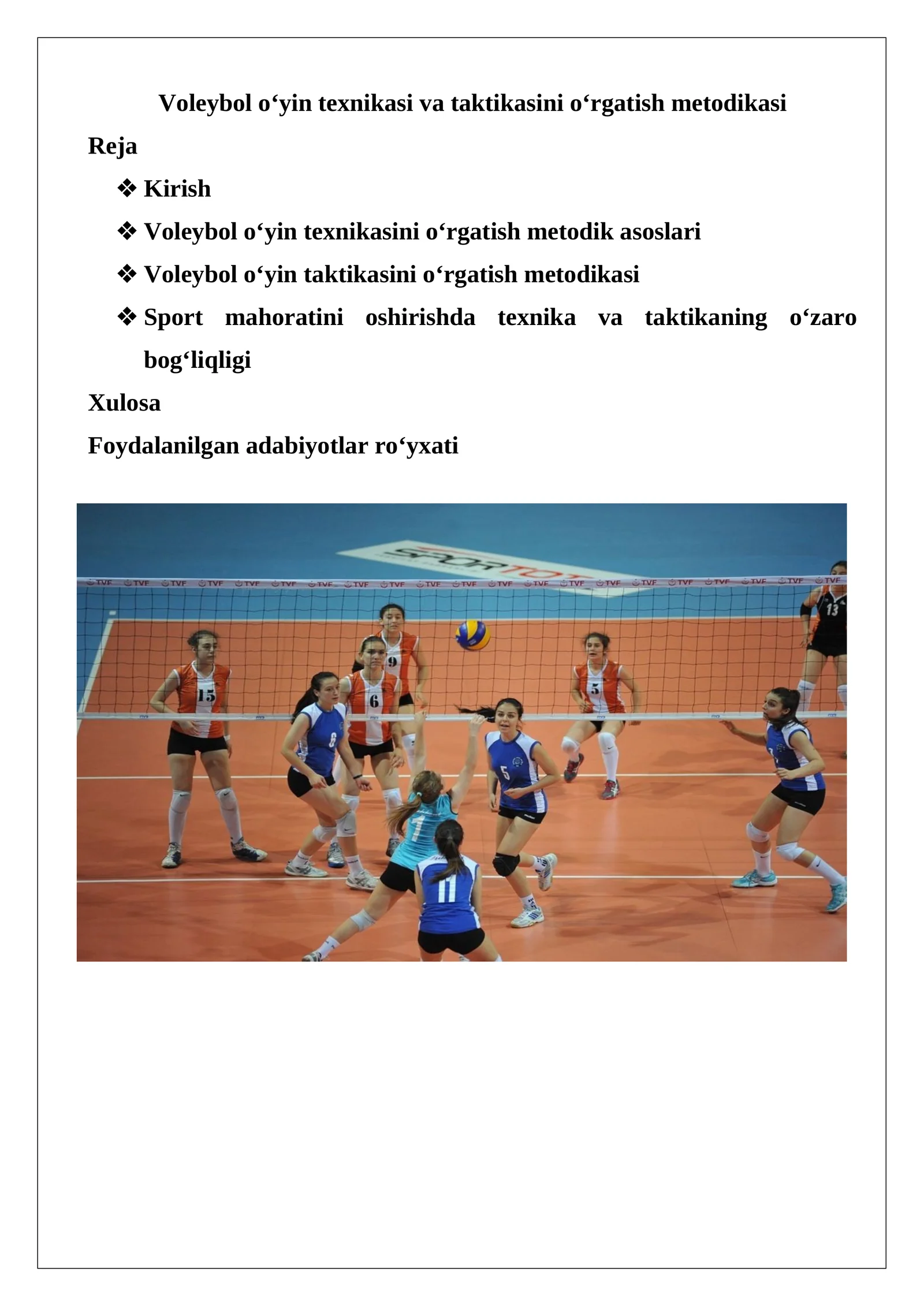 Voleybol o‘yin texnikasi va taktikasini o‘rgatish metodikasi