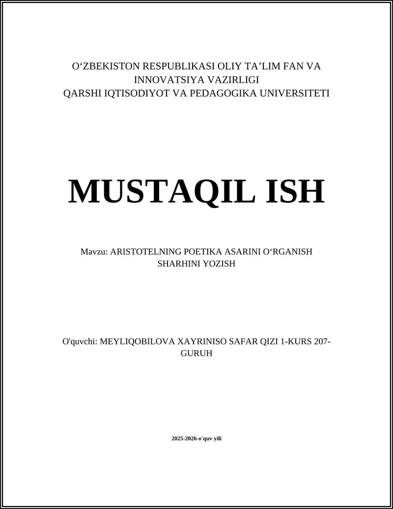 ARISTOTELNING POETIKA ASARINI OʻRGANISH SHARHINI YOZISH