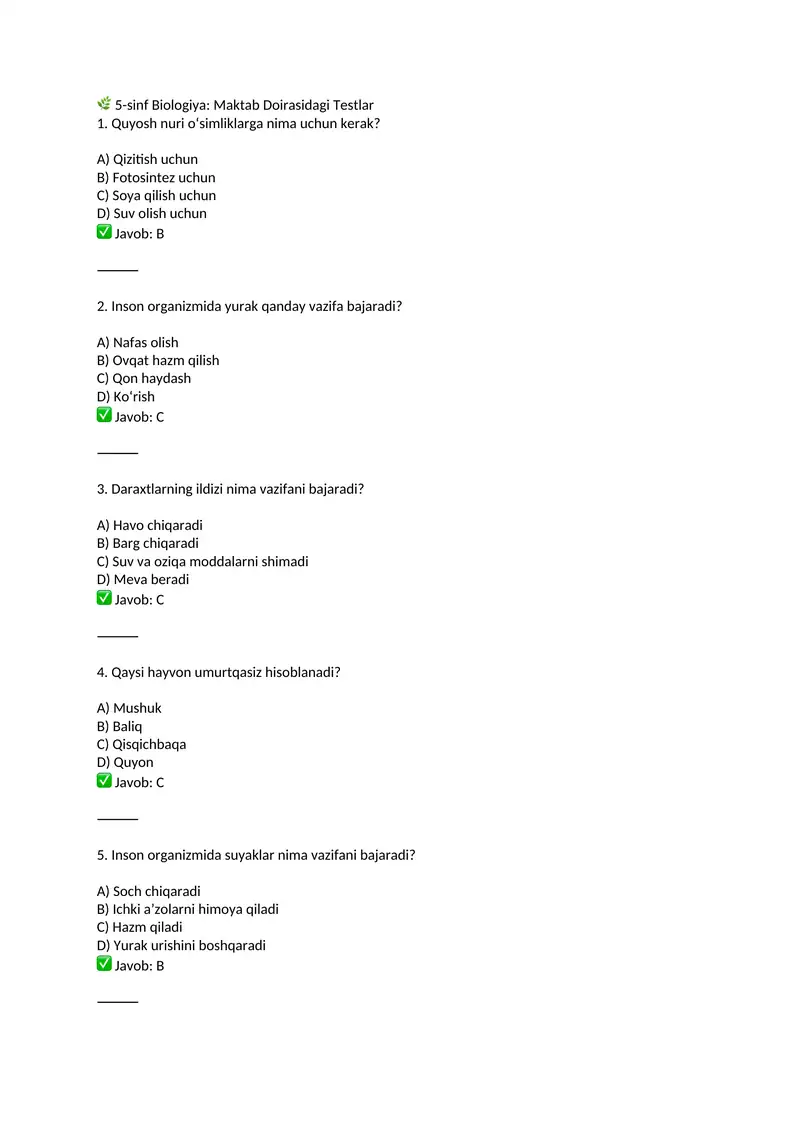 🌿 5-sinf Biologiya: Maktab Doirasidagi Testlar
