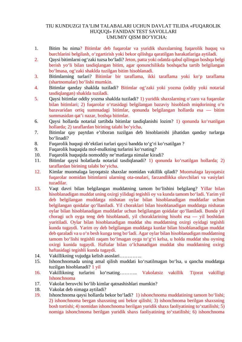 TIU KUNDUZGI TA’LIM TALABALARI UCHUN DAVLAT TILIDA «FUQAROLIK HUQUQI» FANIDAN TEST SAVOLLARI