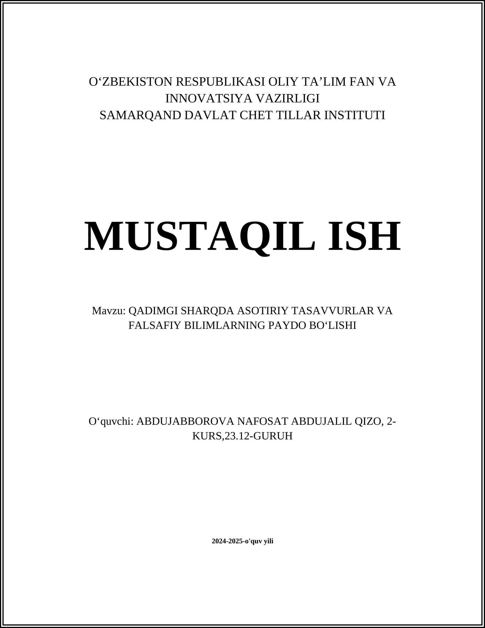 QADIMGI SHARQDA ASOTIRIY TASAVVURLAR VA FALSAFIY BILIMLARNING PAYDO BO‘LISHI