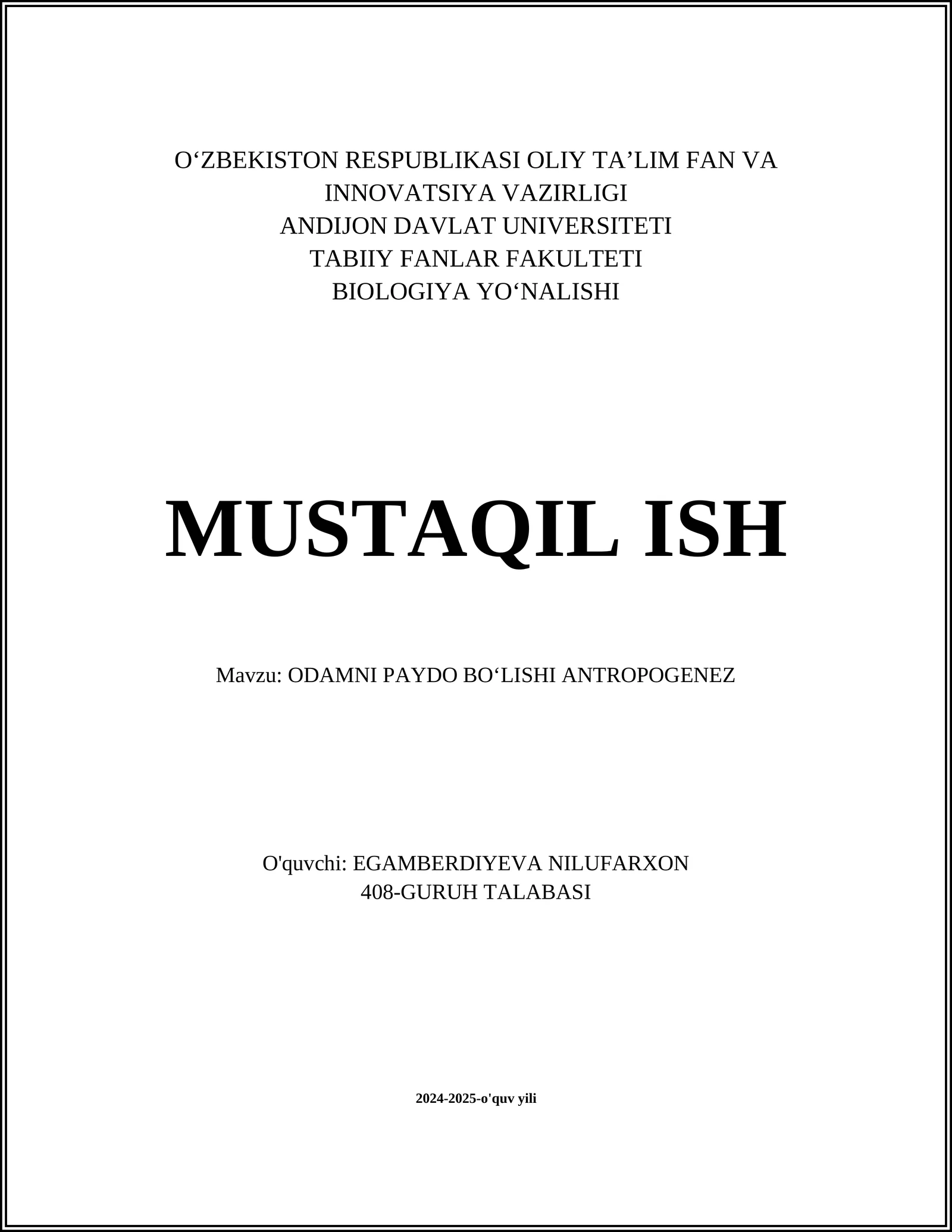 ODAMNI PAYDO BO'LISHI ANTROPOGENEZ