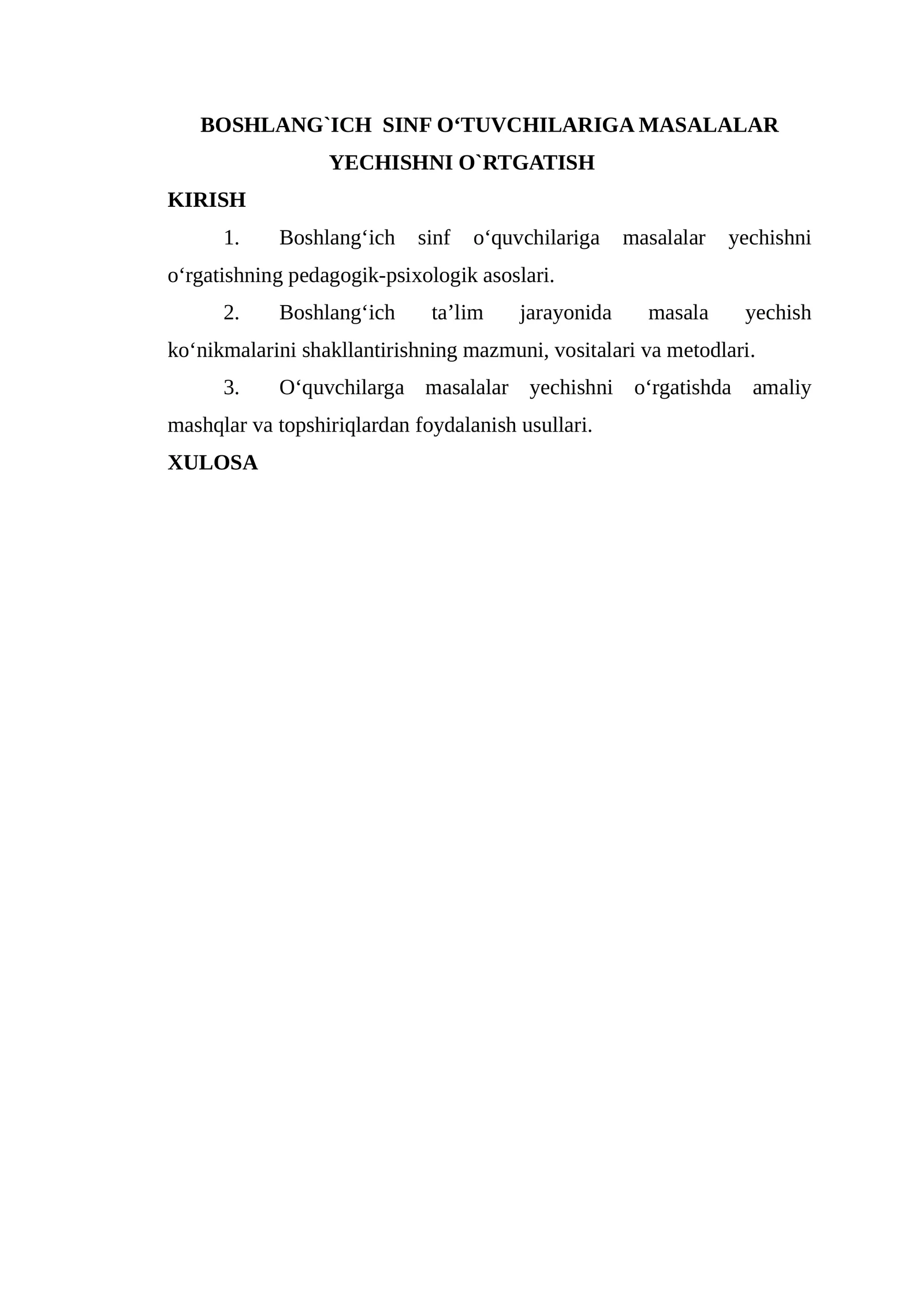 BOSHLANG`ICH SINF O‘TUVCHILARIGA MASALALAR YECHISHNI O`RTGATISH