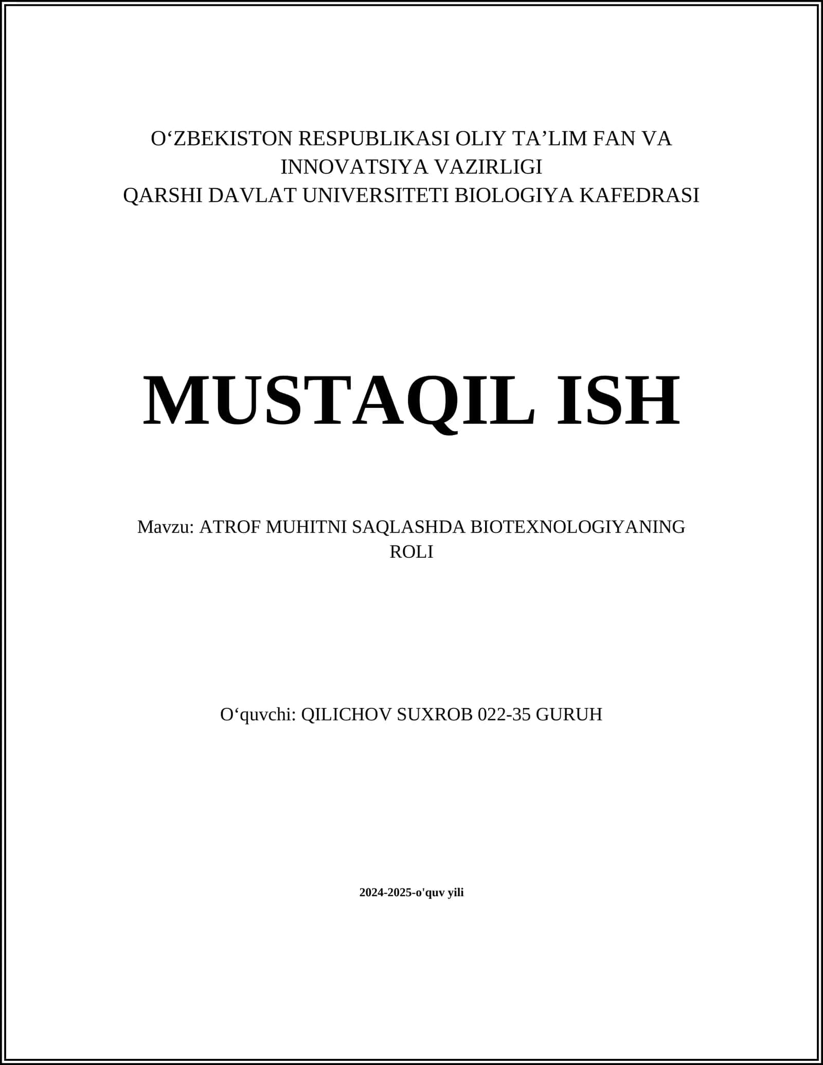 ATROF MUHITNI SAQLASHDA BIOTEXNOLOGIYANING ROLI