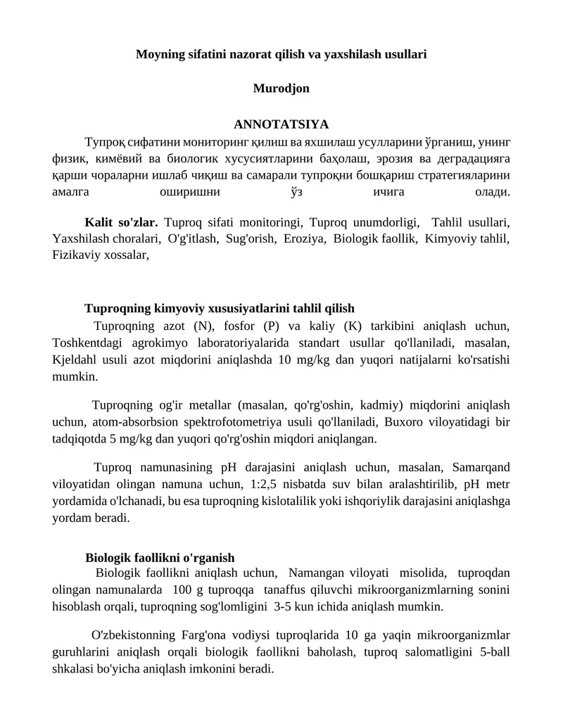 Tuproq sifati monitoringi va yaxshilash usullari