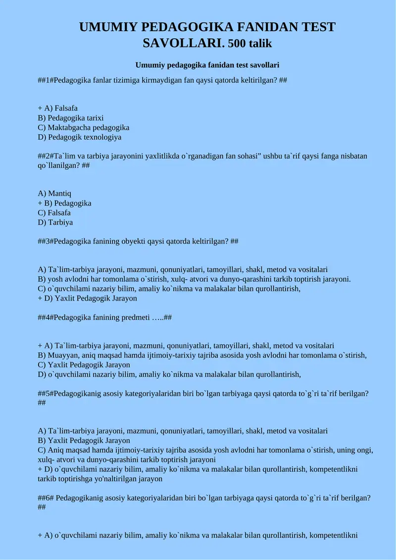 UMUMIY PEDAGOGIKA FANIDAN TEST SAVOLLARI