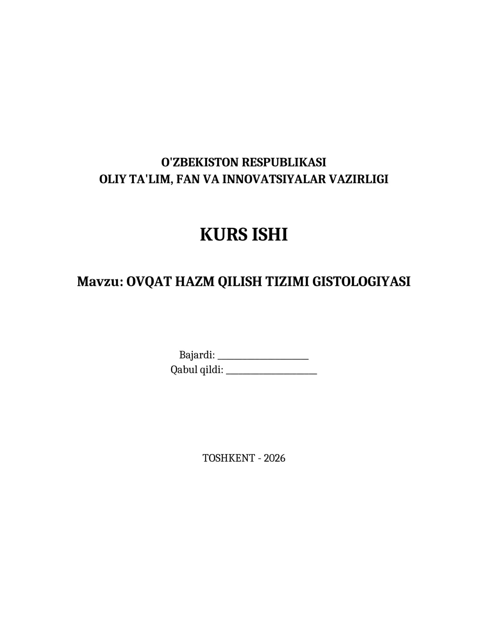 OVQAT HAZM QILISH TIZIMI GISTOLOGIYASI