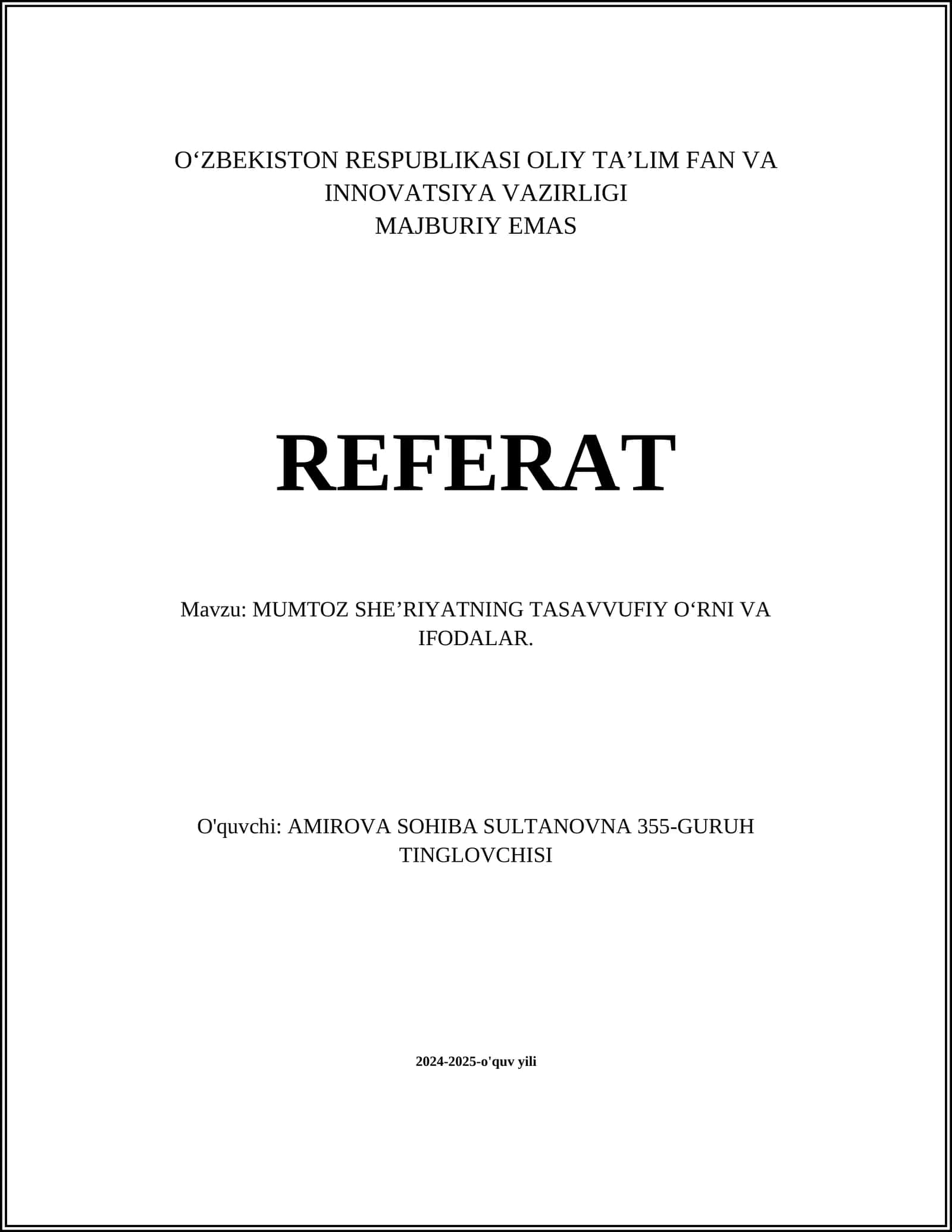 MUMTOZ SHE’RIYATNING TASAVVUFIY O‘RNI VA IFODALAR