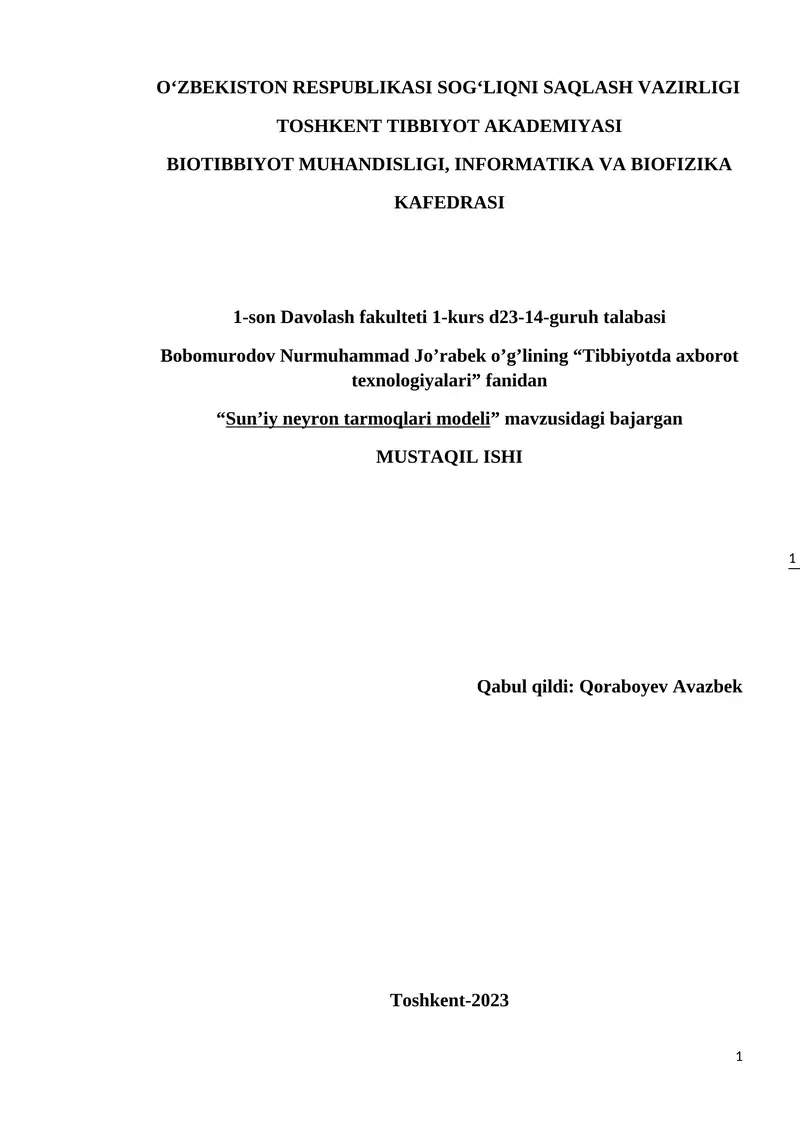 Sun’iy neyron tarmoqlari modeli