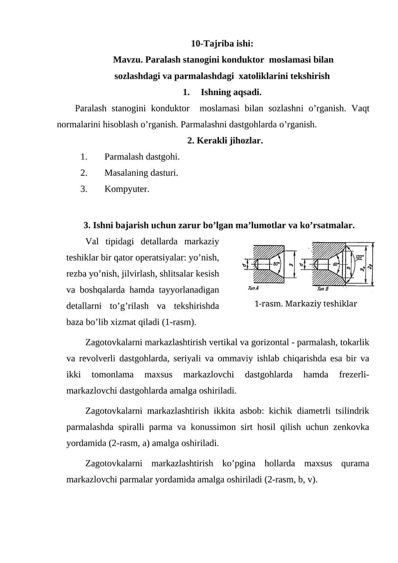 Paralash stanogini konduktor moslamasi bilan sozlashdagi va parmalashdagi xatoliklarini tekshirish