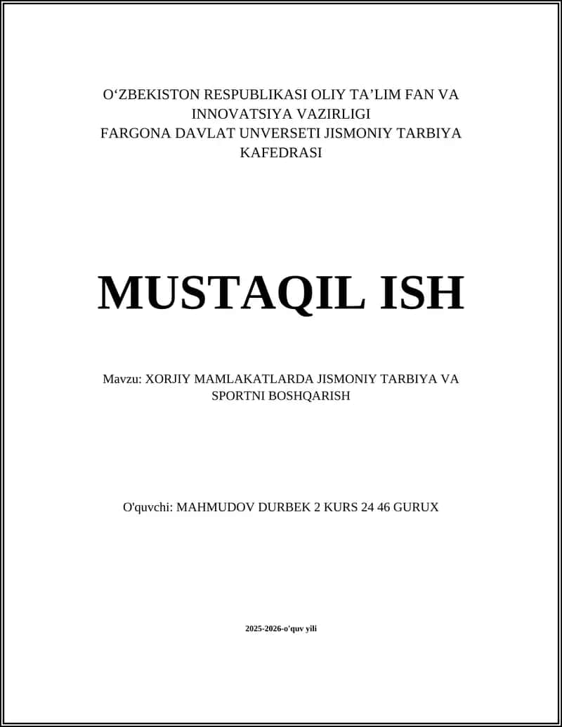 XORJIY MAMLAKATLARDA JISMONIY TARBIYA VA SPORTNI BOSHQARISH