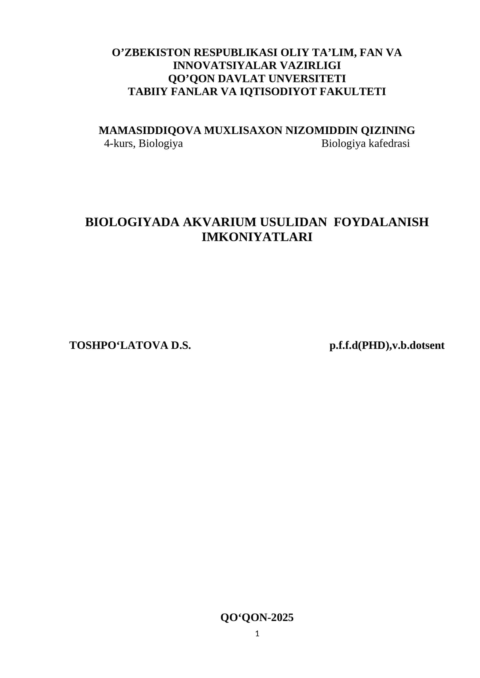 BIOLOGIYADA AKVARIUM USULIDAN FOYDALANISH IMKONIYATLARI