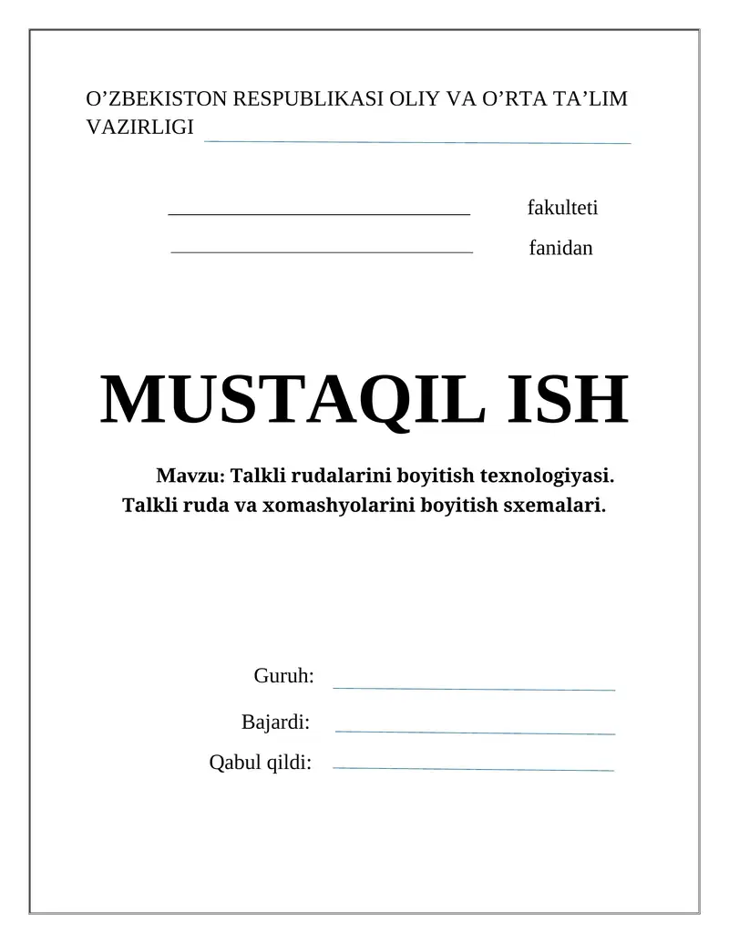 Talkli rudalarini boyitish texnologiyasi,boyitish sxemalari,fotometrik saralash va flotatsiyda boyitish