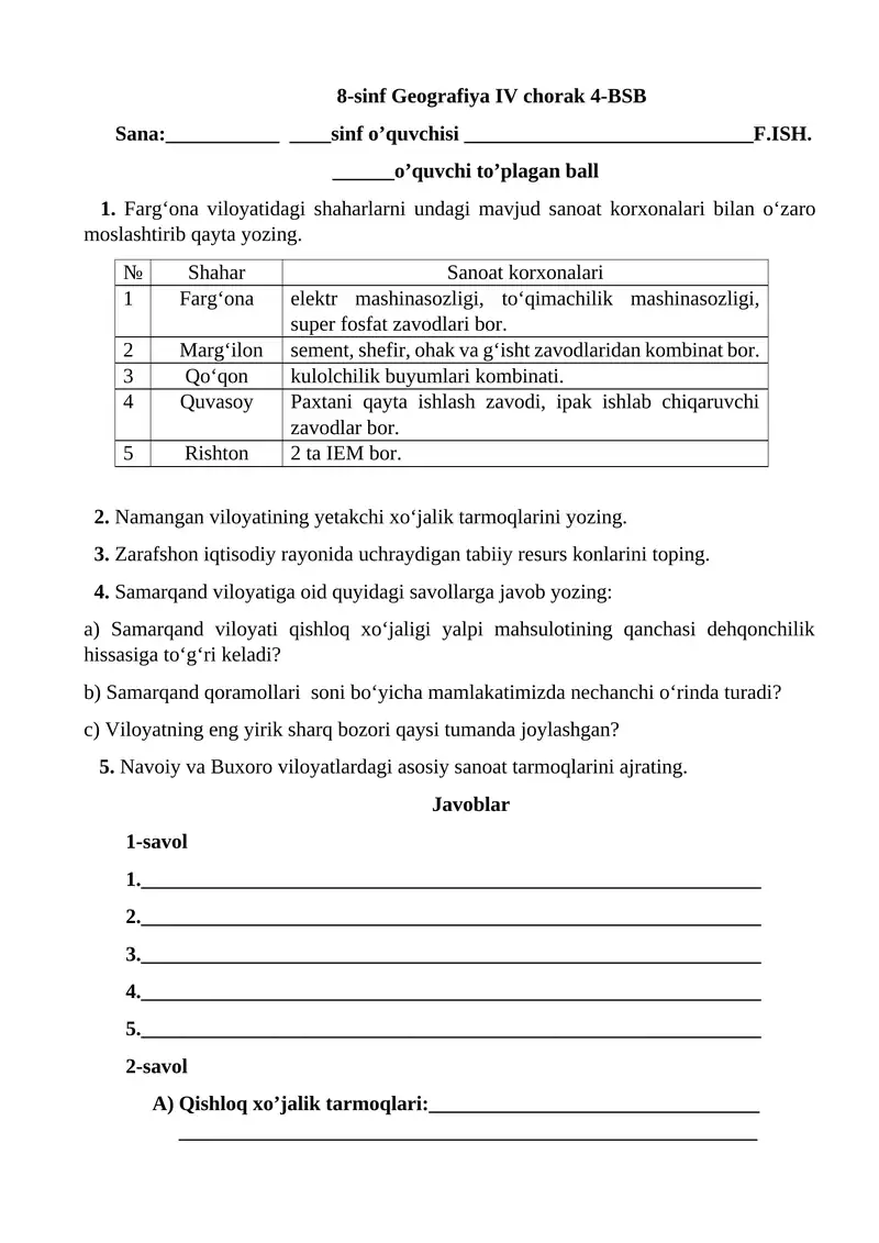 8-sinf Geografiya IV chorak 4-BSB