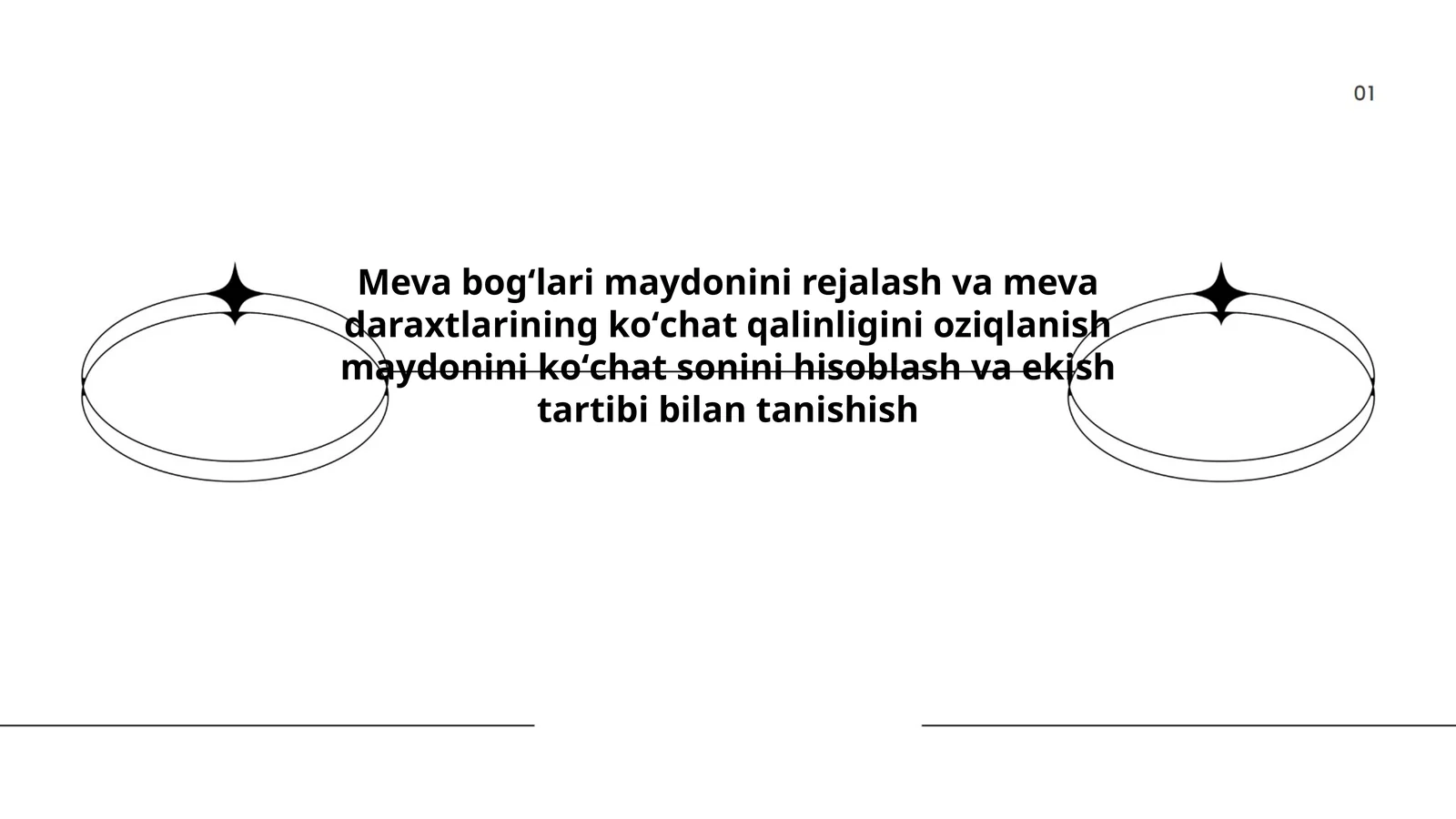 Meva bogʻlari maydonini rejalash va meva daraxtlarining koʻchat qalinligini oziqlanish maydonini koʻchat sonini hisoblash va ekish tartibi bilan tanishish