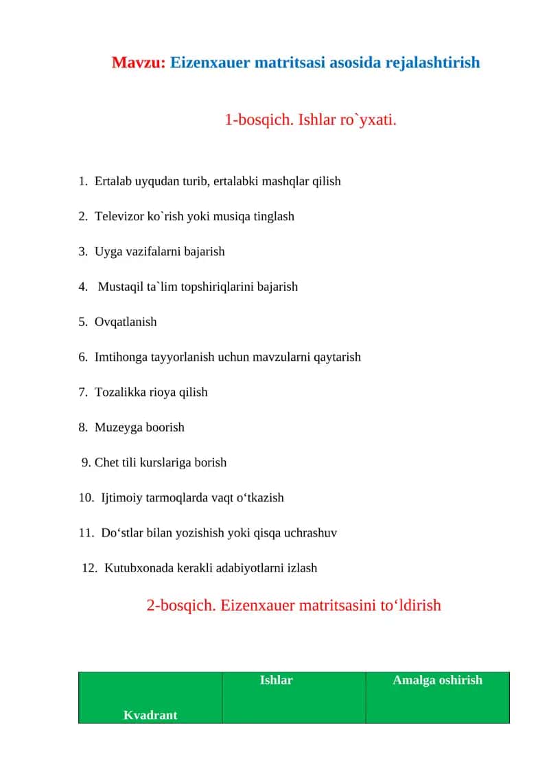 Eizenxauer matritsasi asosida rejalashtirish