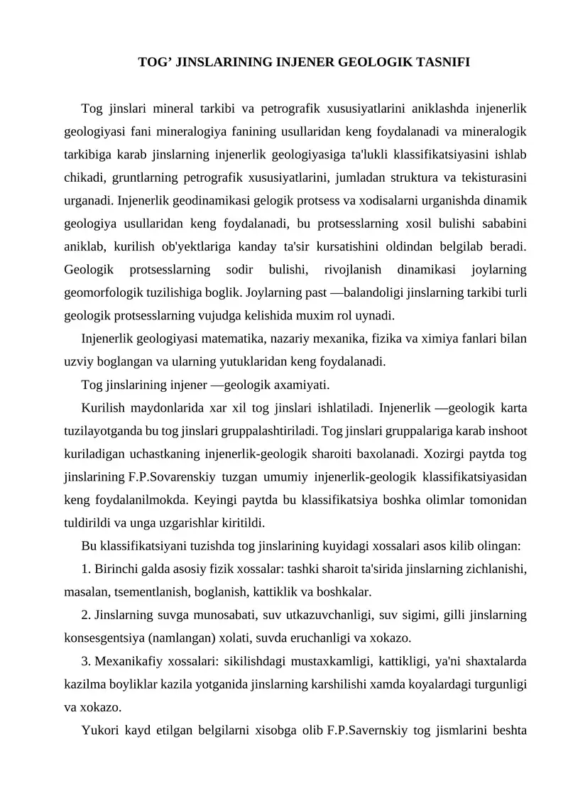 TOG’ JINSLARINING INJENER GEOLOGIK TASNIFI