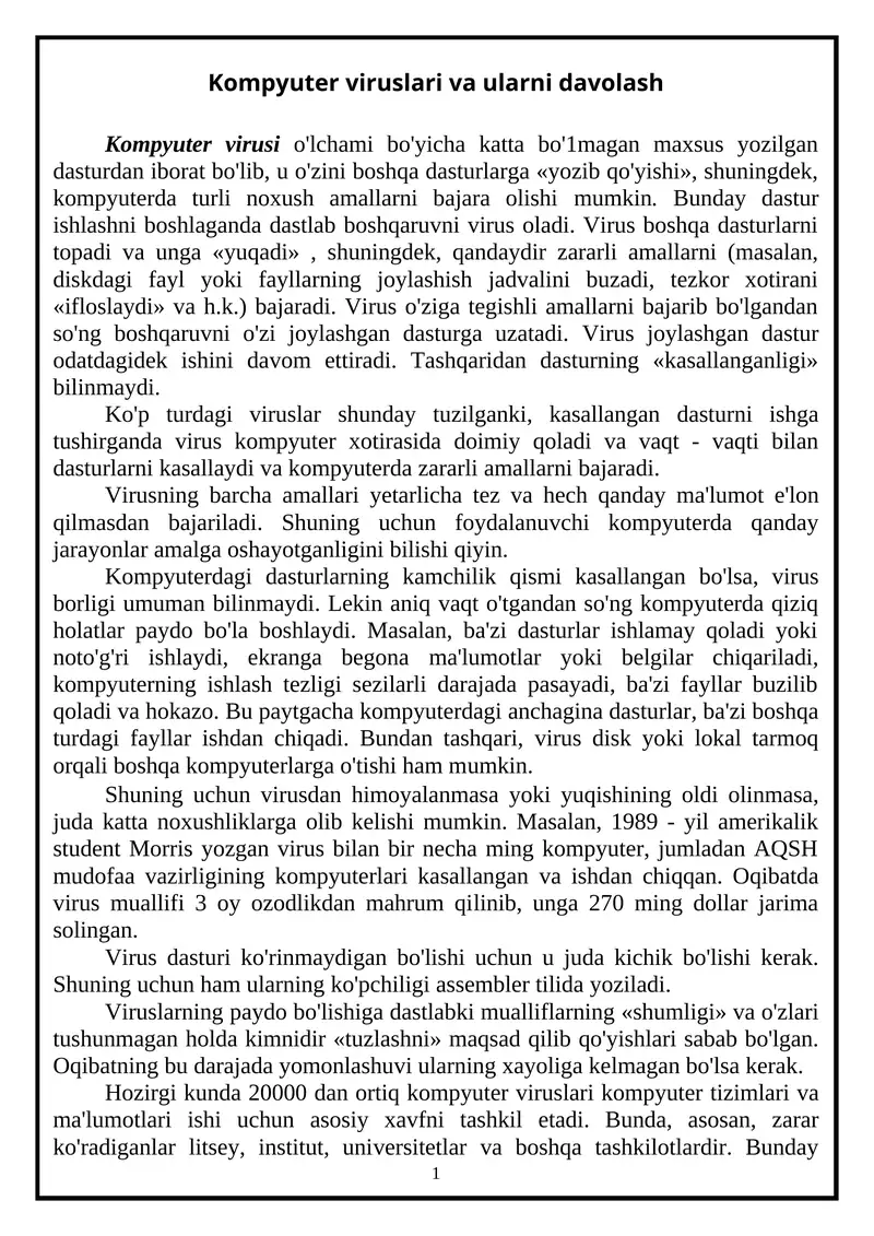 Kompyuter viruslari va ularni davolash