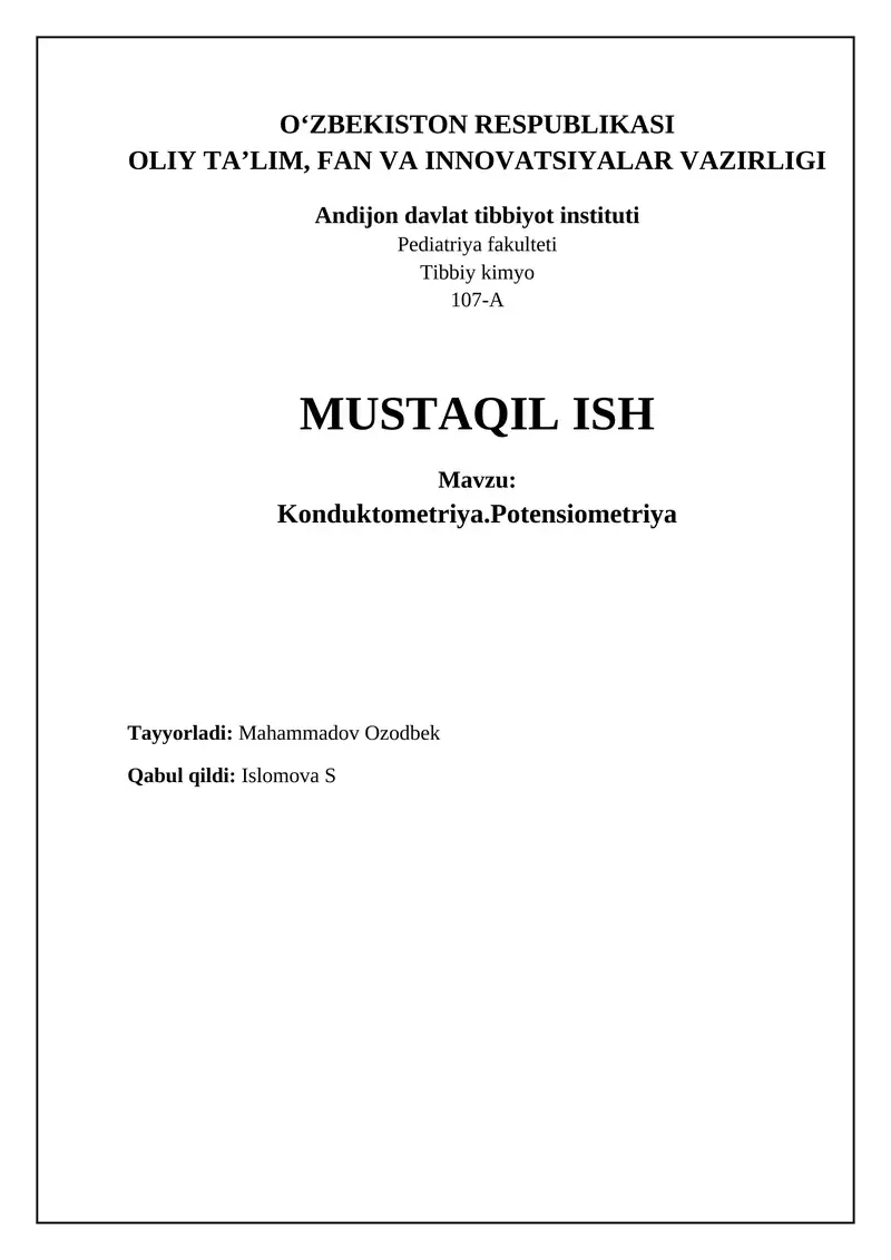 Konduktometriya va Potensiometriya Asoslari