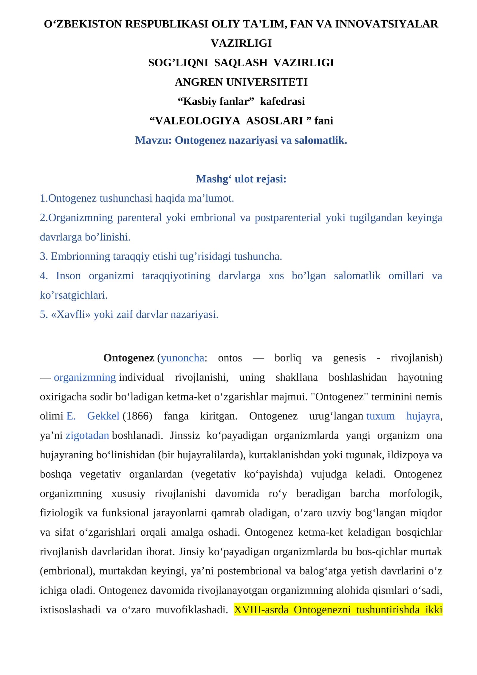 Ontogenez nazariyasi va salomatlik