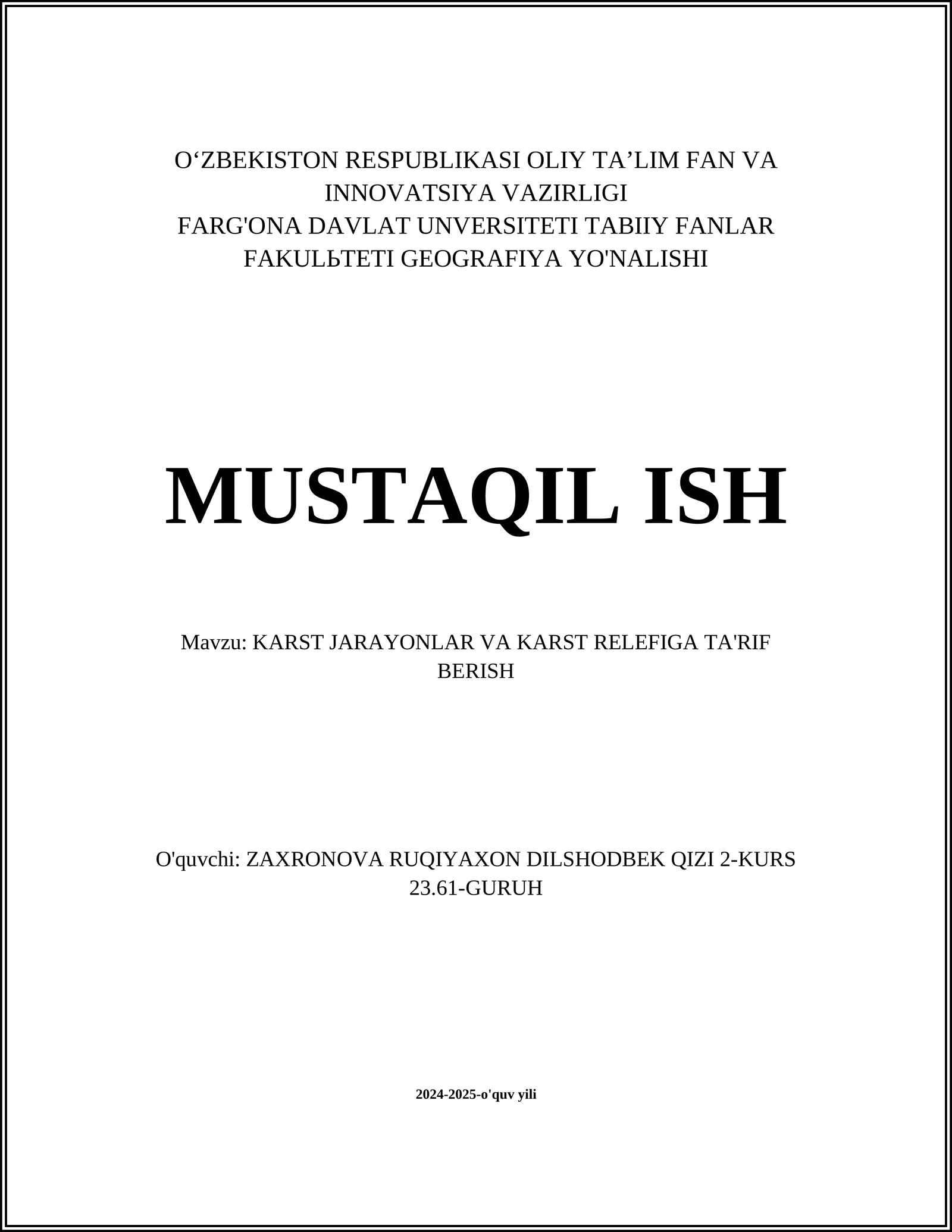 KARST JARAYONLAR VA KARST RELEFIGA TA'RIF BERISH