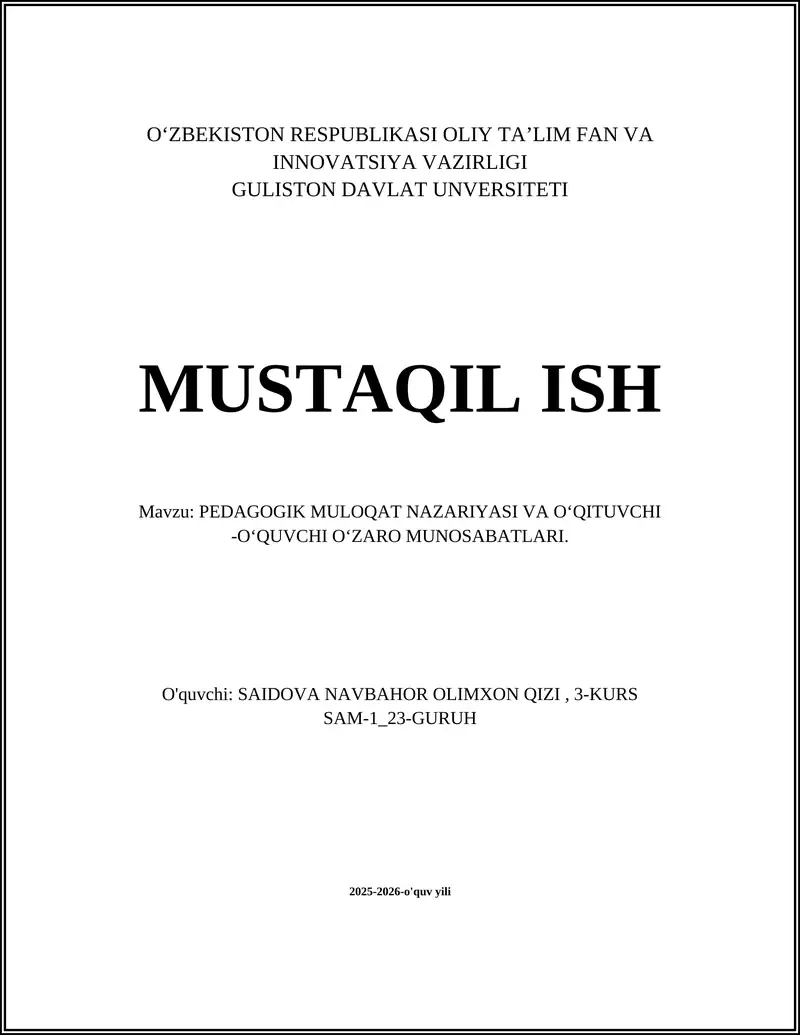 PEDAGOGIK MULOQAT NAZARIYASI VA OʻQITUVCHI -OʻQUVCHI OʻZARO MUNOSABATLARI