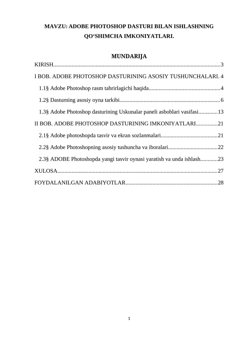 ADOBE PHOTOSHOP DASTURI BILAN ISHLASHNING QO‘SHIMCHA IMKONIYATLARI