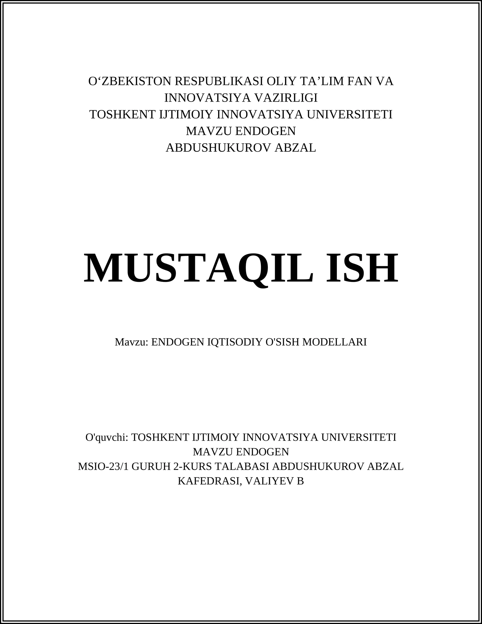 ENDOGEN IQTISODIY O'SISH MODELLARI