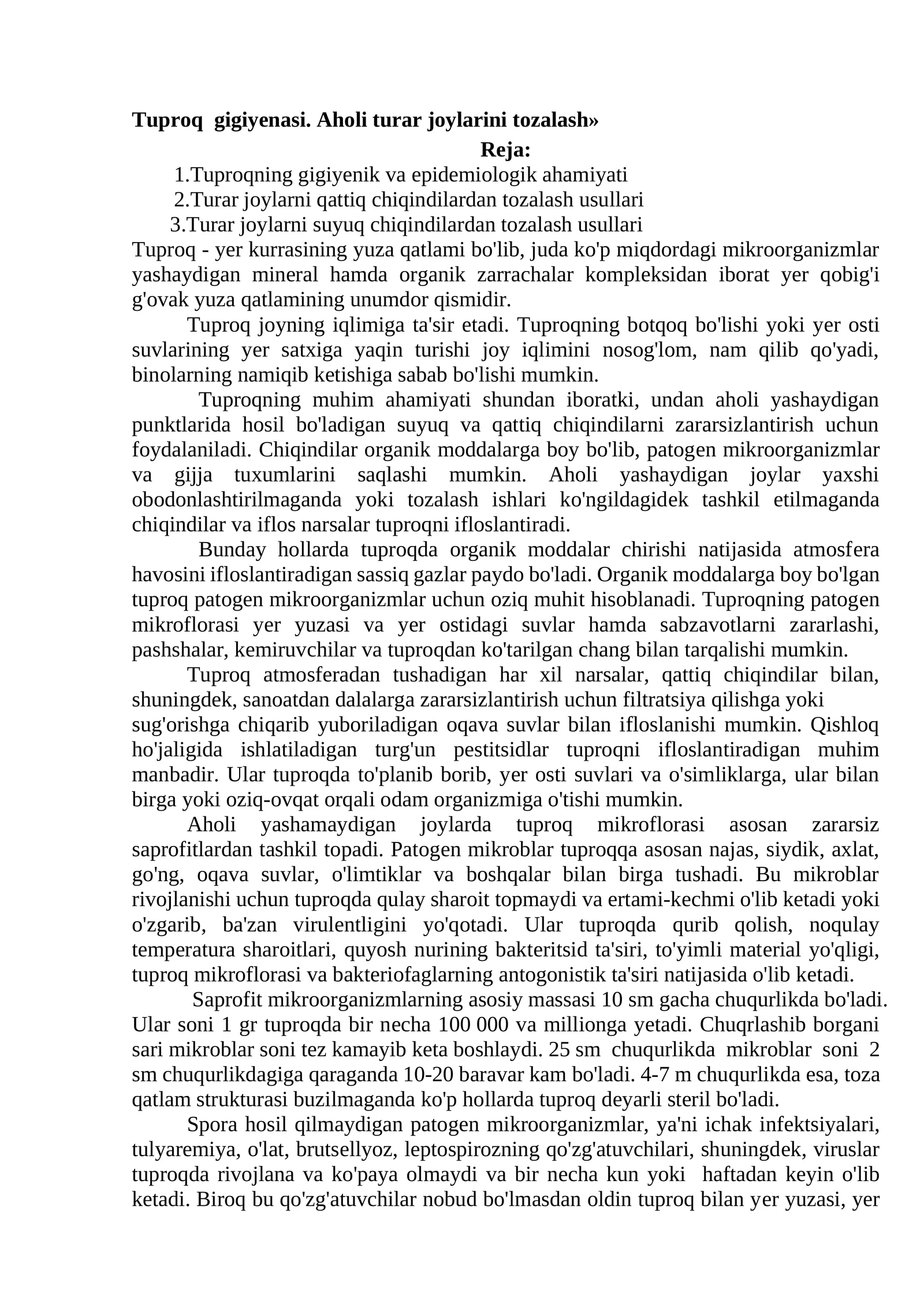 Tuproq gigiyеnasi. Aholi turar joylarini tozalash