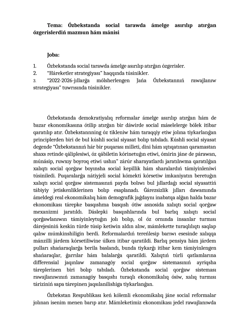Ózbekstanda social tarawda ámelge asırılıp atırǵan ózgerislerdiń mazmun hám mánisi