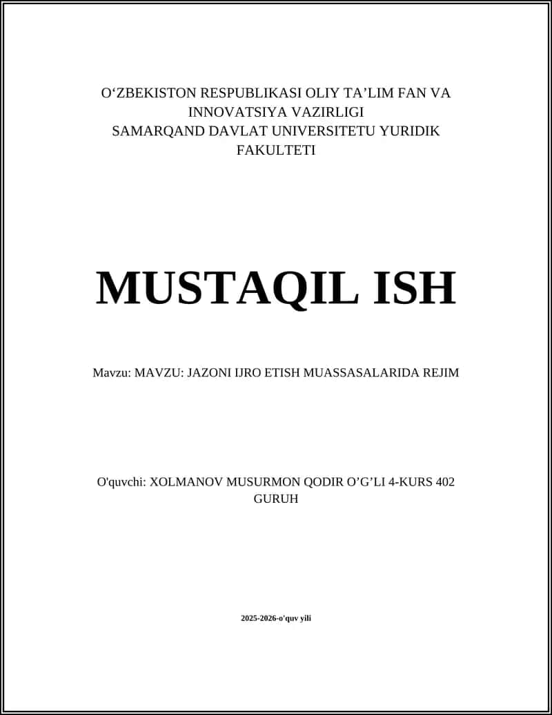 Jazoni Ijro Etish Muassasalarida Rejim
